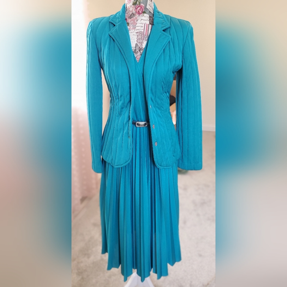 Aqua Pleated Dress with Matching Quilted Jacket,by Tracy, S